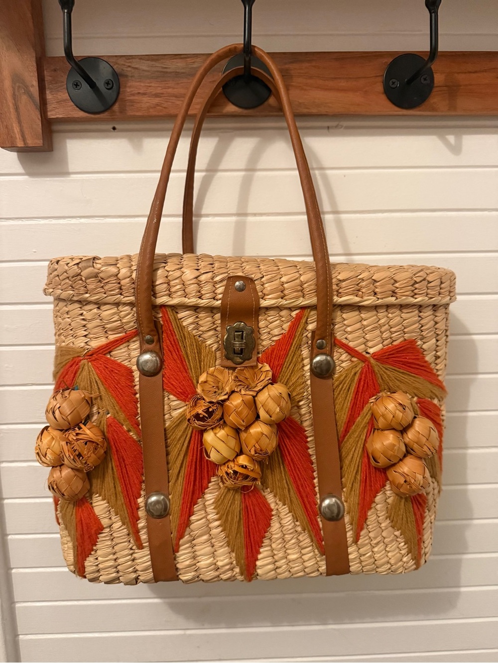 Hand Woven Straw Tote Bag with Orange & Tan Embroidery